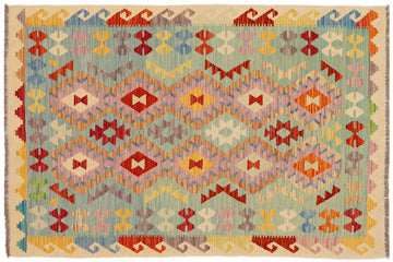 Flat Weave Kilim, Antique, Navaho, Vintage, Handmade, Geometric Kilim Blue Beige Hand-Woven Rectangle 100% Wool Area Rug 4 x 6